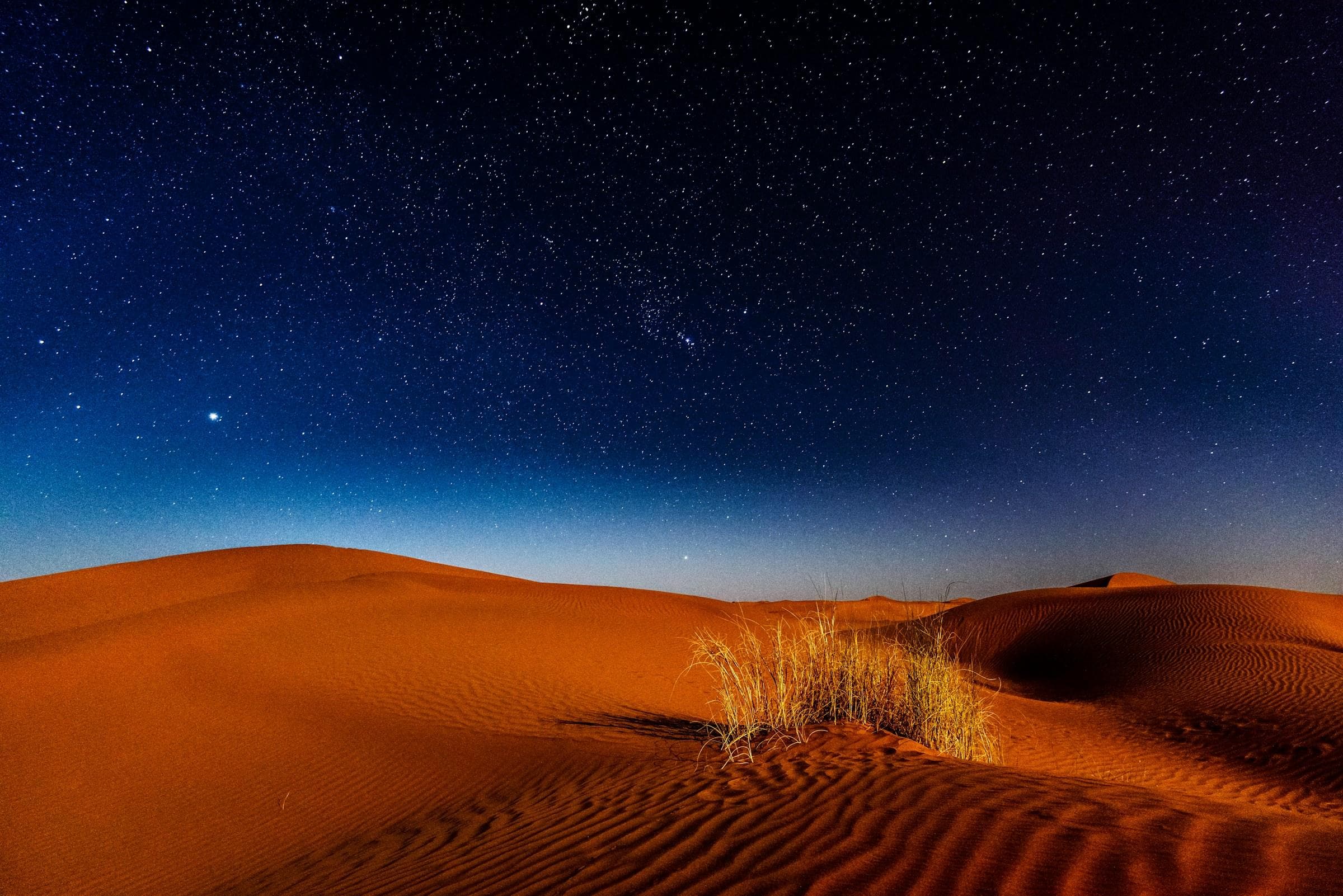Desert dunes under a starry night sky